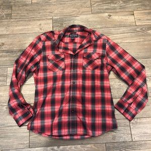 Red and gray plaid shirt, size L
